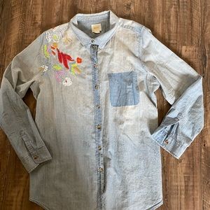 Maeve Anthropologie Boise Embroidered Shirt Button Up Metallic Denim Top- xl